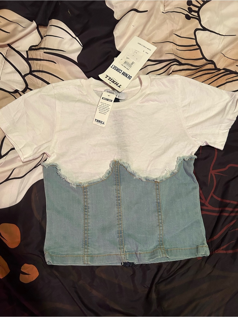 Thrill White and Light Blue Denim Combo Crop Top